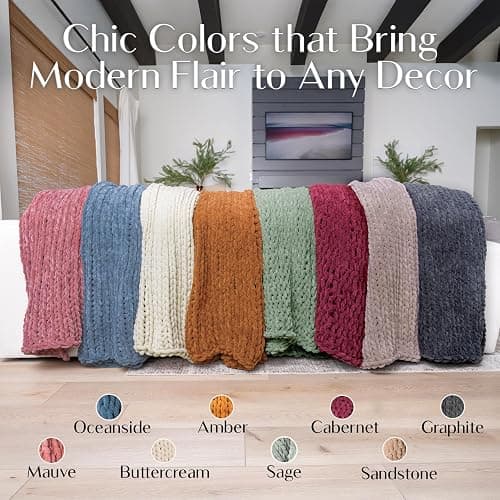 SAMIAH LUXE Sage Green Chunky Knit Blanket Throw 50x70, Chenille Chunky Knit Throw Blanket for Living Room Decor or Boho Decor, Thick Yarn Knitted Blankets for Couch or Bed, Knitted Crochet Blankets thumbnail 7