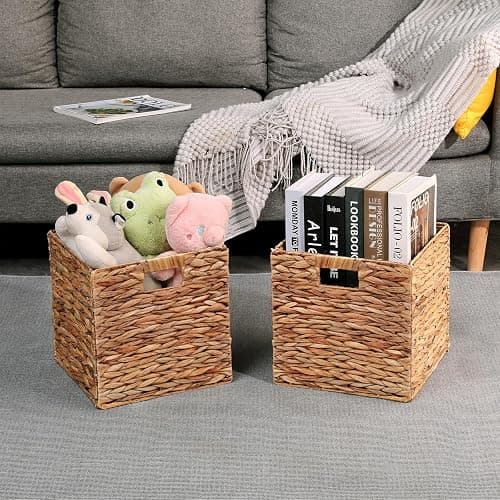 HOYCYA6 11x11in Wicker Storage Basket Set of 2 Collapsible Hyacinth Cube Storage Baskets,Storage Bins for Organizing Storage Basket with Built-in Handles thumbnail 4