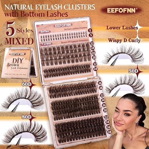 Eefofnn Brown Lash Clusters 360 pcs Eyelash Extension Natural Individual Lashes Brown Wispy+50P+60P+80P+Bottom Lashes Clusters DIY Lash Extension 5 Styles Cluster Lashes D Curl Lash Extension thumbnail 2