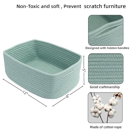 XUANGUO Small Woven Storage Baskets for Shelves, 12" x 8" x 5", Green | Decorative rope storage bins for closets and toy storage; cute organizer baskets, empty gift baskets and nursery storage. thumbnail 3