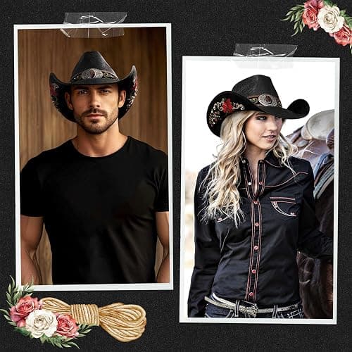 FLUFFY SENSE. Cowboy Hats for Women and Men Straw Western Hat Embroidered Cowboy Hat for Cowboys and Cowgirls thumbnail 6