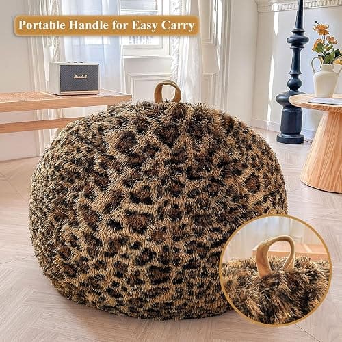 XeGe Faux Fur Leopard Print Bean Bag Chair Cover (No Filler), Fluffy Stuffed Animal Storage Cheetah Bean Bag Home Decor, Furry Fuzzy Big Beanbag Cover for Adults Teens Kids Girls, Anti-slip, Brown thumbnail 5