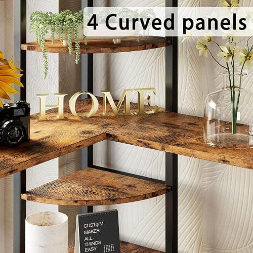 IRONCK Industrial Bookcases and Bookshelves, Book Shelf, Vintage Brown | 5 Tiers Corner Bookcase with Curved Panels, L Shaped Bookshelf with Metal Frame for Open Storage for Living Room, Home Office thumbnail 5
