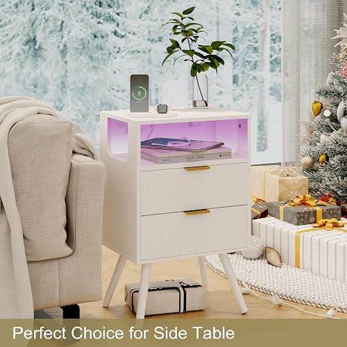 JOONEE White Nightstand with Charging Station and LED Lights,Modern Bedside Table with 2 Storage Drawer and Open Wood Shelf, for Bedroom and Small Spaces,Night Stand with Solid Wood Legs,White thumbnail 8