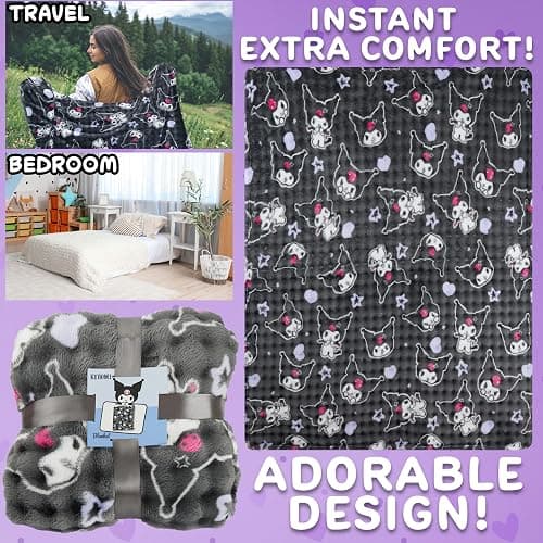 Get Trend Hello Kitty Sanrio Waffle Blanket for Girls, Teens, Women, 51 x 59 in, Kuromi Throw Blanket, Throw for Bed, Room Decor, Kawaii Gifts for Her (Grey Kuromi) thumbnail 4
