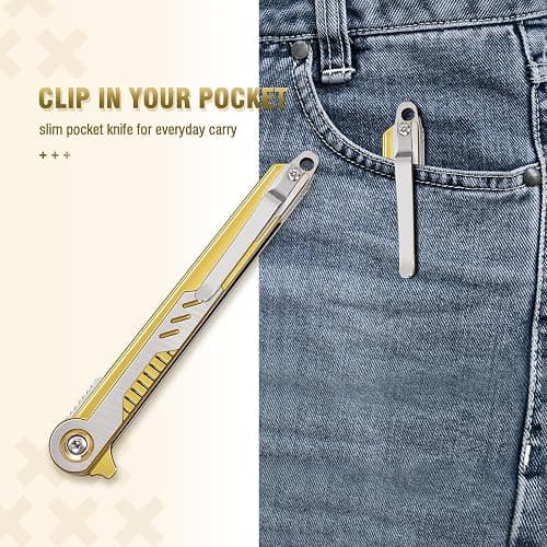 FUNBRO Cool Pocket Knife Gifts for Men, EDC Tanto Blade Folding Knives with Clip, Flipper Open Survival Knife with Window Breaker and Liner Lock for Outdoor Camping (Gold) thumbnail 6