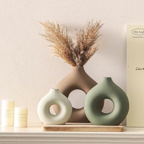 Vanselia Ceramic Vase Home Table Decor - Flower Vases Set of 3 Small Living Room Centerpiece Decorations for Shelf Bedroom Office Kitchen Dining Desk Modern Aesthetic Farmhouse Decorative (Brown) thumbnail 7