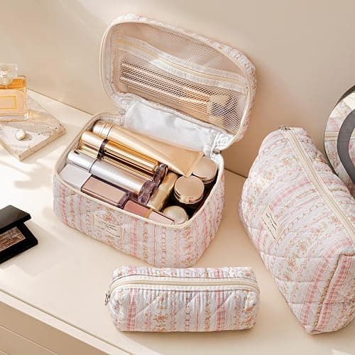 HBselect Quilted Makeup Bag, 3PCS Cotton Large Travel Makeup Bag, Cute Floral Coquette Make up Bag Cosmetic Bag Toiletry Bag for Women Girls thumbnail 3