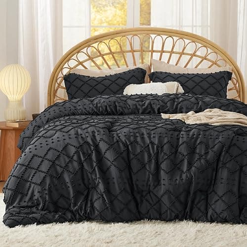 Bedsure Queen Comforter Set - Black Comforter, Boho Tufted Shabby Chic Bedding for Kids, 3 Pieces Vintage Farmhouse Bed Set for All Seasons, Fluffy Soft Bedding with 2 Pillow Shams - Image 1