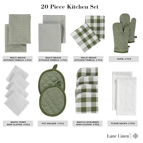 LANE LINEN Dish Towels and Dishcloths Sets - 20 Pc Kitchen Towels Set, 500 Degree Heat Resistant Kitchen Mitts and Pot Holders, 100% Cotton Dish Towels, Kitchen Dish Rags for Washing Dishes - Olive - 20 Piece Set - Olive thumbnail 4