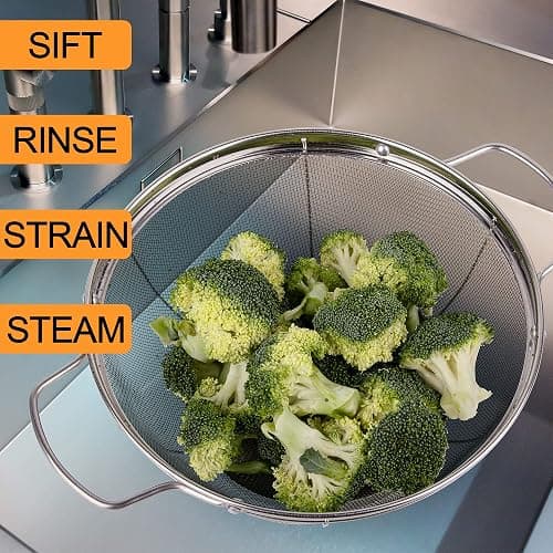 3 Pack 18/8 Stainless Steel Colander Sieves(5-Quart, 4-Quart and 3-Quart), Mesh Strainer Net Baskets with Handles & Resting Base for Strain, Drain, Rinse or Steam thumbnail 7