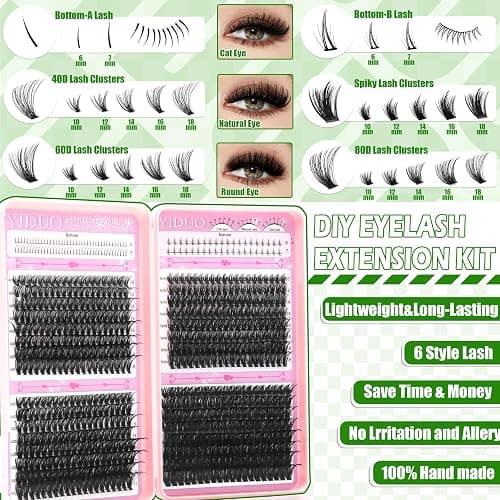 YIDUO 1846Pcs Lash Clusters Kit with Spikes+Bottom Cluster Lashes Kit Mix Styles 10-18mm Volume D Curly Wispy Soft DIY Individual Eyelash Extension Kit with Glue pestañas postizas Wholesale Large Pack thumbnail 4