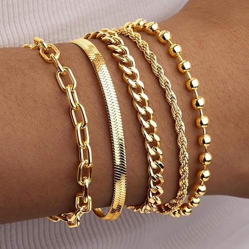 Gold Bracelets for Women Non Tainish,Dainty Bracelets Stack for Women Trendy, Gold Plated Cuff Stackable Bracelets With Beaded Cuban Paperclip Snake Rope Bangle Hand Chain Jewelry Gifts for Women thumbnail 2