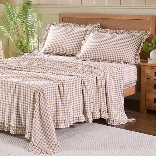 kisswish Gingham Queen Sheet Set, Lightweight Super Soft Brushed Microfiber Plaid Bed Sheets with 16" Deep Pocket, 4 Piece Ruffle Farmhouse Bedroom Decor, Taupe - Image 1