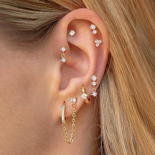 ZELORES 11/12 Pairs Hoop Earrings for Women 14k Gold Plated Small Huggie Hoop Earrings Pack Trendy CZ Cartilage Stud Earrings Set for Multiple Piercings thumbnail 2