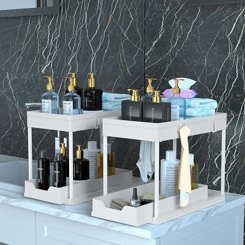 DEKAVA Cabinet, 2 Pack Under Sink Organizer, 2 Tier Sliding Bathroom Kitchen Organizer, Large White ABS Baskets, Easy Install & Clean thumbnail 3