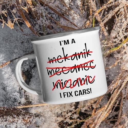 Purple Print House Funny Mechanic Enamel Mug, I Fix Cars Bad Spelling, Mechanic Gifts for Him, Dad Grandad Birthday Automotive Gift, Car Garage Metal Coffee Cup for Hiker, One Size, White thumbnail 5