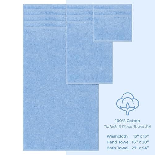 American Soft Linen Luxury 6 Piece Towel Set, 2 Bath Towels 2 Hand Towel 2 Washcloths, 600 GSM 100% Cotton Turkish Towels for Bathroom, Sky Blue Towel Sets thumbnail 4