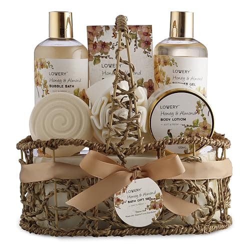 Christmas Gift Baskets for Women Gifts for Women Who Have Everything, Home Spa Honey & Almond Scent, Luxury Bath & Body Set - Shower Gel, Bubble Bath, Body Lotion, Salts, Bath Bomb, Bath Puff. - Image 1