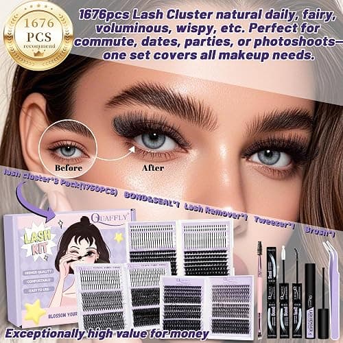 DIY Lash Extension Kit 1676Pcs D Curl Individual Spike Manga Lash Clusters Kit with Bottom Lashes, Lash Bond and Seal, Remover, Tweezers,Brush by QUAFFLY thumbnail 2