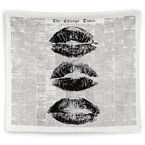 WNAGT Vintage the Chicago Times Newspaper Tapestry Wall Hanging, Retro Chic Black and White Minimalist Kiss Lips Wall Blanket Decor for Girls Bedroom Dorm Apartment Home, 50x60 Inch - Image 1