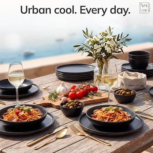 24 Piece Black Dinnerware Set for 8 | Matte Black Plates and Bowls Sets, Modern Stoneware Black Dishes Set | Scratch Resistant, Dishwasher & Microwave Safe | Matte Black Finish Ultra-Chic & Modern thumbnail 3