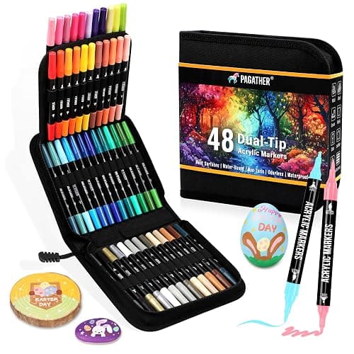 Pagather 48 Colors Acrylic Paint Markers, Dual Tip with Fine Tip and Brush Tip Pens for Stone, Wood, Calligraphy, Canvas, Ceramic, Metal, Glass, Rock Painting, DIY Crafts Art Supplies Kit - Image 1