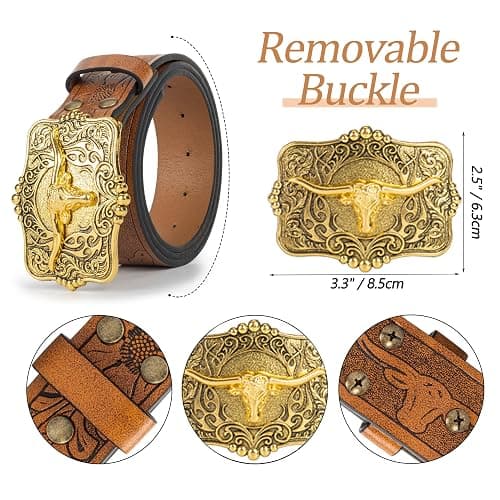 Mawjom Western Cowboy PU Leather Belt - Men Waist Strap Bull Decoration Floral Engraved for Jeans 25" to 38" Waist thumbnail 4