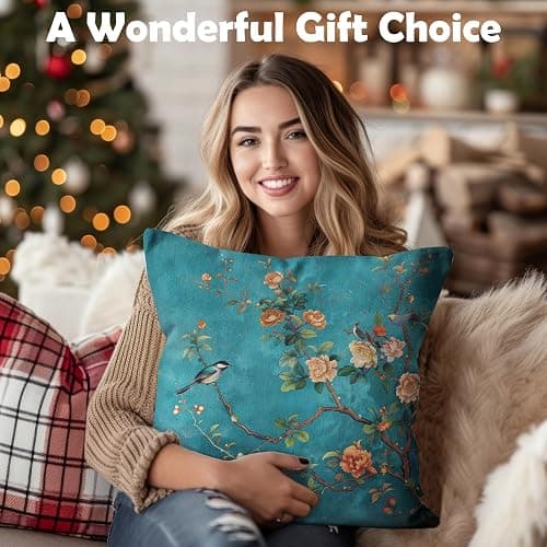 WDSFHYJK Teal Chinoiserie Floral Bird Pillow Covers 18x18, Cottagecore Room Decor, Rustic Farmhouse Flower Bird Decorative Throw Pillow Covers Pillowcases for Living Room Home Bedroom thumbnail 6