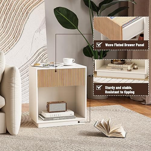 Fluted Nightstands Set of 2, Modern Bedside Table with Drawer and Storage Shelf, Wood End Table Mid Century Night Stands for Bedroom Living Room Sofa Couch Office (White+Oak) thumbnail 4