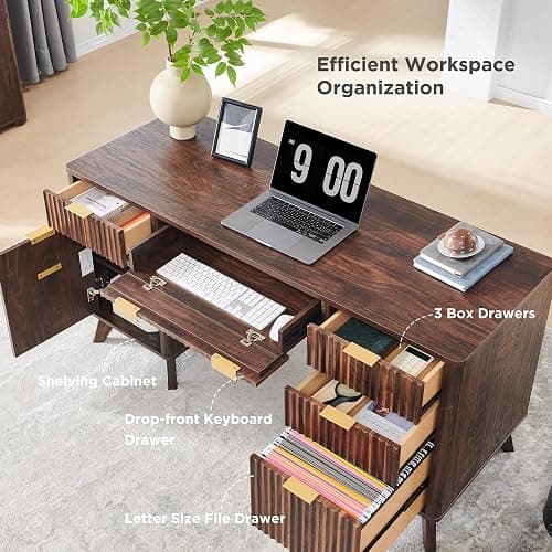 T4TREAM Fluted Executive Desk with Drawers, 60" Modern Home Office Computer Desk with Charging Station, File Cabinet, Keyboard Tray and Storage Cabinet for Study, Living Room, Bedroom, Dark Walnut thumbnail 4