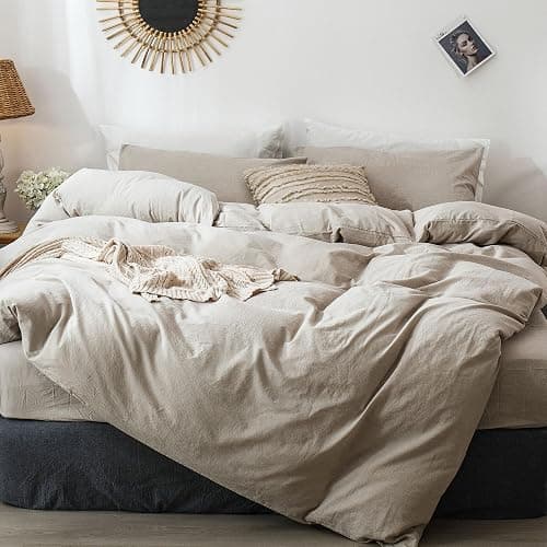 MooMee Bedding Duvet Cover Set 100% Washed Cotton Linen Like Textured Breathable Durable Soft Comfy (Heathered Tannish Linen Grey, Queen 90"x90") - Heathered Tannish Linen Grey (No Comforter) - Queen (90"x90") - Image 1