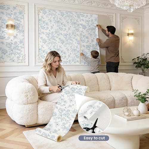 Floral Peel and Stick Wallpaper- Blue and White Vintage Flowers Contact Paper for Bathroom, Bedroom - Boho Removable Self Adhesive Vinyl Wall Paper for Decor Shelf Linings and Cabinets,17.3" x 78.7" thumbnail 4