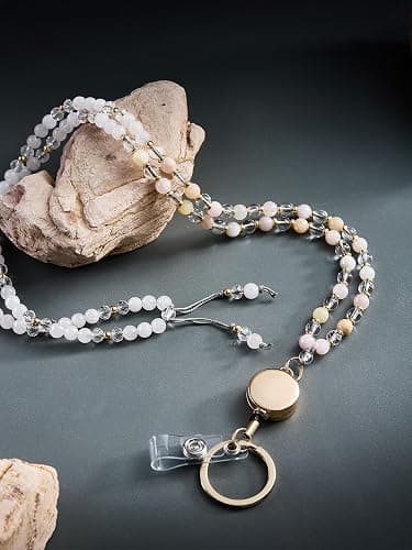 LENYNAL Retractable Lanyards for ID Badges and Keys, Beaded Lanyards for Women Natural Stone, Teacher Lanyard High-Performance Cute Lanyard Morganite thumbnail 2