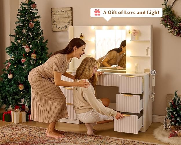 AMERLIFE 47.2" Fluted Vanity Desk with Mirror and Adjustable LED Lights, Large 7 Drawers Makeup Table with Glass Top and Charging Station for Women and Girls, Bedroom or Dorm, White thumbnail 7