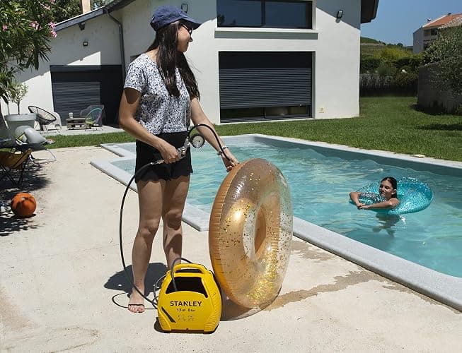 Stanley Compressore Aria Portatile 8 Bar - Compressore 8Bar Senza Olio con Attrezzi Pneumatici - Incl. Tubo dell'Aria da 3M, Pistola ad Aria con Manometro e 3 Ugelli - Giallo thumbnail 10