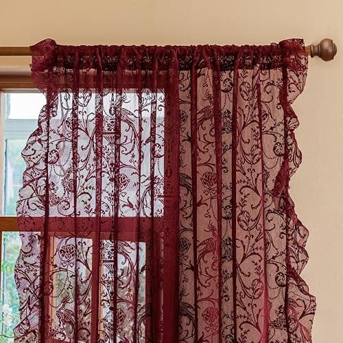 TUDECO Burgundy Sheer Curtains 84 Inches Long for Living Room - Luxury Modern Maroon Lace Curtains for Bedroom, Aesthetic Tulle Rod Pocket Light Filtering Farmhouse Red Drapes, 59 x 84 Inch, Dark Wine thumbnail 3