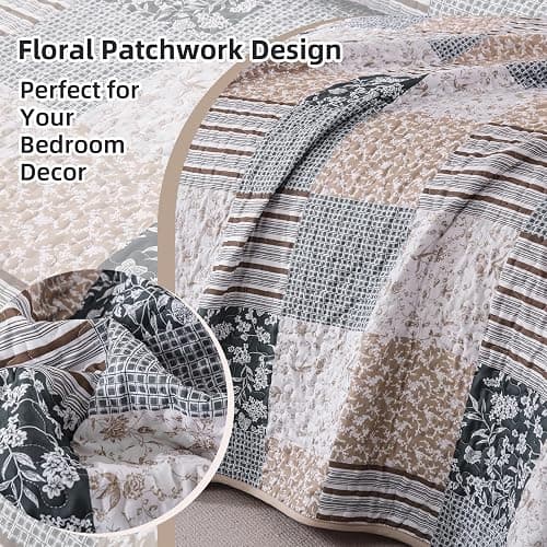 Mybedsoul Patchwork Quilt Set Queen Size, 3 Pieces Blue Brown Floral Plaid Bedspread Coverlet Set, Reversible Soft Microfiber Bedding Set for All Season, Fall Winter Queen 90"x96" thumbnail 4