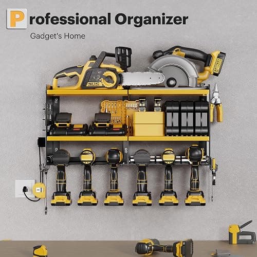 Spampur Large Power Tool Organizer Wall Mount with Charging Station, 3 Layer Heavy Duty Metal Tool Storage Rack Loads 420lbs with 6 Cordless Drill Holder, Utility Rack Loads with 4 Power Strip thumbnail 7