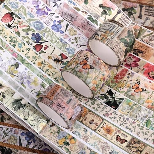 42 Rolls Vintage Washi Tape Set, Delicate Butterfly & Lush Floral Botanical Themed Writable Decorative Tapes with Retro Elements for Scrapbooking, Junk Journal Supplies, Bullet Journaling 5-25mm Wide thumbnail 6