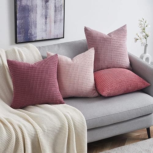 Topfinel Aesthetic Pink Room Decor Throw Pillows Covers for Couch Living Room Bedroom, Coquette Room Decorative Fluffy Corduroy Cushion Cover 18x18 Inch Set of 4 (Blush/Rose/Hot Pink) thumbnail 2