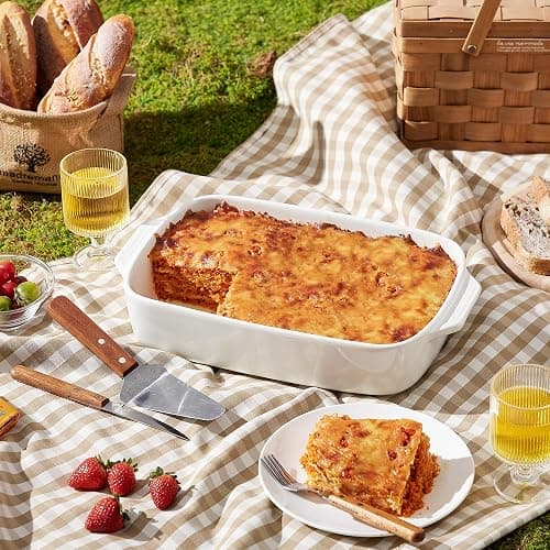 Large Ceramic Casserole Dish with Lid, 4.0 Quart Covered Rectangular Stoneware Baking Dishes for Oven, Deep 9x13 Inch Lasagna Pans for Baking and Serving, Perfect for Christmas Gifts, White thumbnail 5