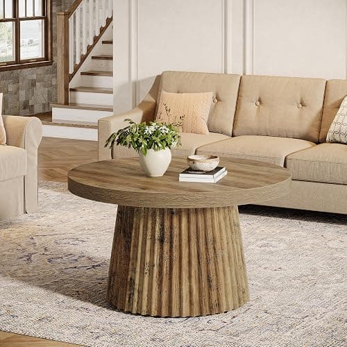 Tribesigns 31.5" Round Coffee Table, Modern Fluted Drum Coffee Tables for Living Room, Wood Farmhouse Boho Accent Pedestal Center Table for Apartment, Small Space, Brown thumbnail 6