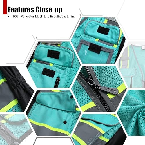 HATAUNKI High Visibility Reflection Peacock Mesh Safety Vests with 9 Pockets and Front Zipper, hi vis safety vest for Women, Meets ANSI/ISEA Standards(Peacock-16,M) thumbnail 4