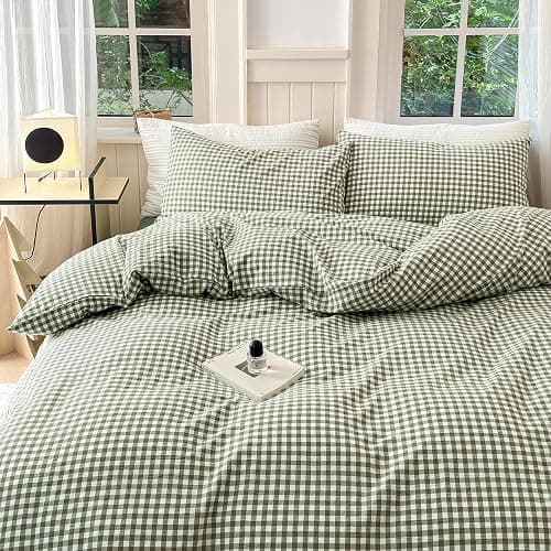 LifeTB Green Gingham Comforter Set Full Size Boho Plaid Checkered Pattern Comforter Geometric Grid Plaid Printed Bedding Comforter Set with 2 Pillowcases Fluffy Soft Gingham Bedding Set Full Size thumbnail 5