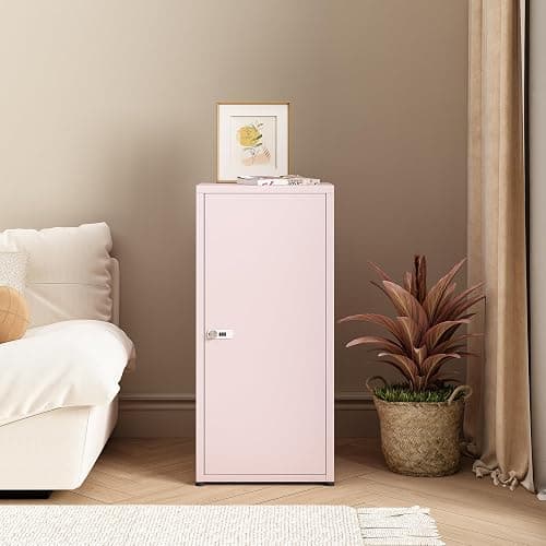 MIOCASA Metal Storage Cabinet with Lock, 3 Adjustable Shelves Single Door Steel Locker for Home, Office & Garage (Pink) thumbnail 4