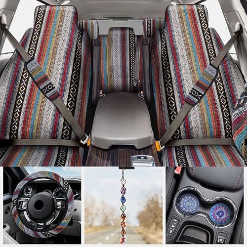 Frienda 14 Pcs Baja Car Seat Covers Full Set Multicolor Stripe Boho Print Steering Wheel Cover Seat Belt Cover Crystal Hanging Ornament Car Holders Fits (Stripe Style) thumbnail 7