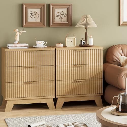 Fluted Nightstand, 24" Wide Side Table with 3 Large Storage Drawers, Mid Century Modern Wood Night Stand with Metal Handle, Wooden Bedside End Table for Bedroom, Living Room, Closet, Natural Oak thumbnail 7