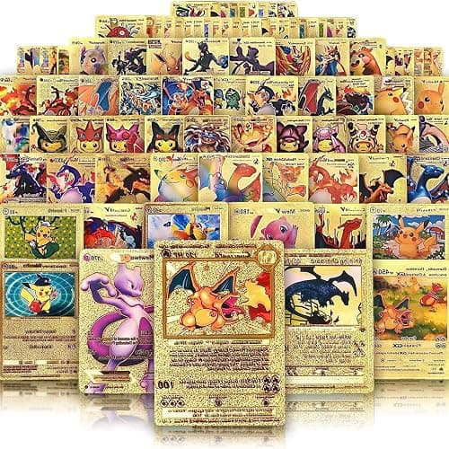 55 PCS Gold Cards Packs Vmax V EX GX Rare Golden Cards Deck Box Gold Foil Card for Fans/Kids/Collectors Gifts (No Duplicates) (Gold) - Image 1