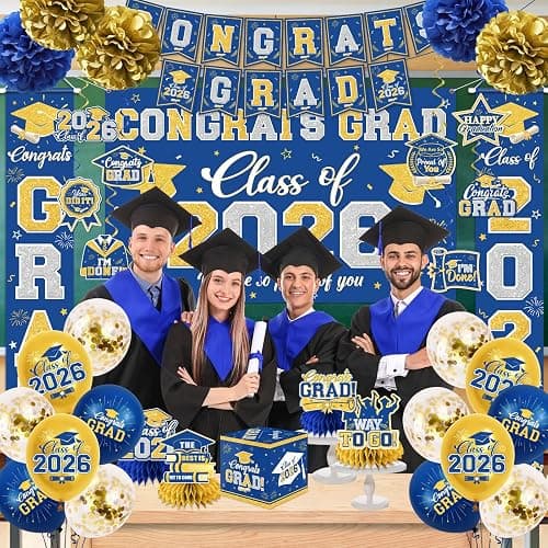Graduation Decorations Class of 2026 Blue and Gold Graduation Decorations with Congrats Grad Banner,Backdrop,Porch Sign,Balloons,Hanging Swirls,Honeycomb Centerpieces,Box for Graduation Party Supplies thumbnail 6